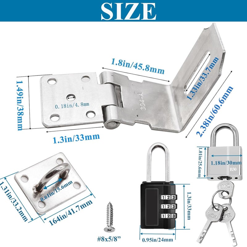 Sunxeke 4 Inch Door Locks Hasp Latch 90 Degree 2 Pack,304 Stainless Steel Safety Padlock Clasp Hasp Lock Latch with Combo Lock & Padlock,Heavy Duty Gate Latch Lock with Screws - Image 2